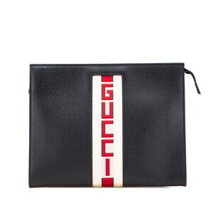 Gucci Web Stripe Clutch Bag Shoulder Black Leather